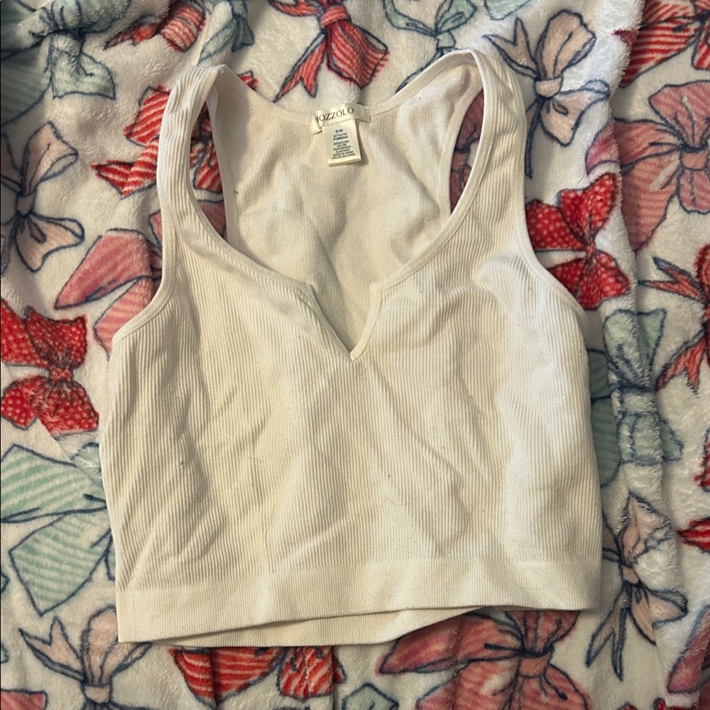 White Ribbed V-Neck Crop Top